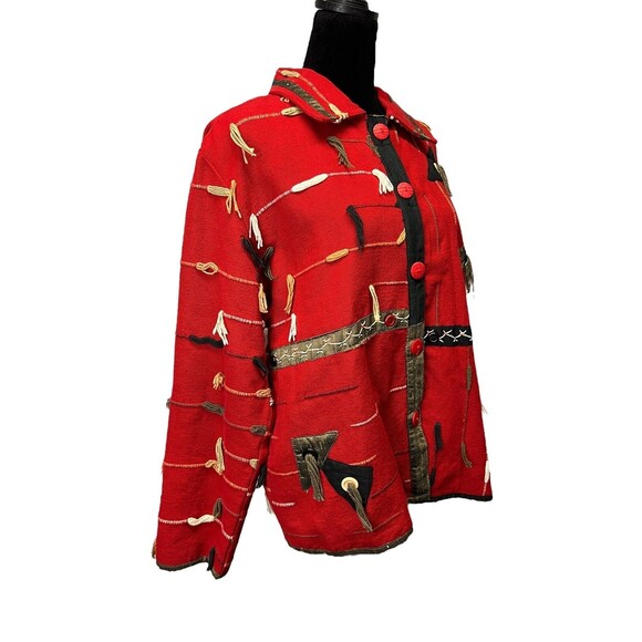 90s Orvis Cotton Tapestry Funky Artsy Jacket Red Tribal Button Up Women’s Large - Picture 3 of 15